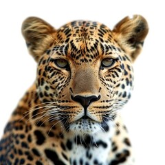 Obraz premium Close up of a leopard staring intensely, isolated on a white background, showcasing its captivating gaze and intricate coat pattern