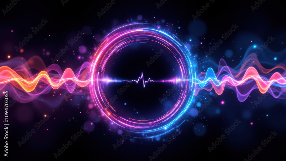 Poster abstract high-tech circular wave pattern background with vibrant colors and glowing particles.