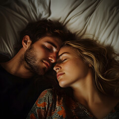A peaceful moment of a couple lying closely together, sharing an intimate connection and warmth, surrounded by soft bedding.