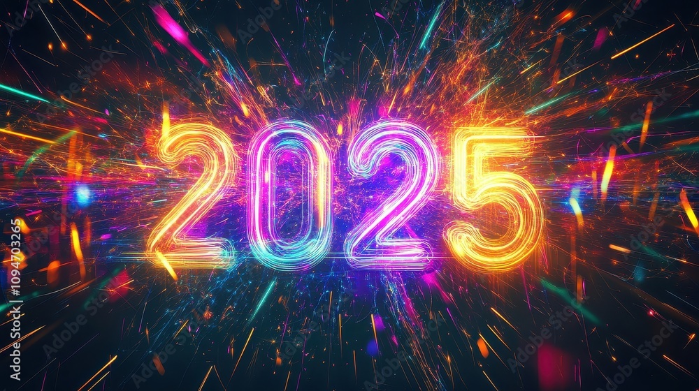 Poster a colorful explosion of fireworks with the number twenty-five in the middle