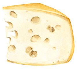Watercolor illustration of Swiss cheese with holes. Hand drawn cheese isolated on background. Fermented milk product. Dairy farm clipart.