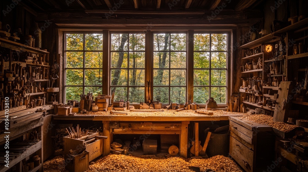 Poster a woodworking workshop with tools and a window view