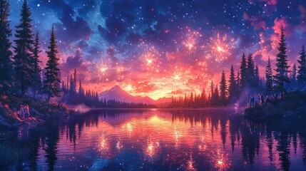 Fototapeta premium Spectacular fireworks illuminate the twilight sky over a serene lake, surrounded by lush pine forests and majestic mountains at dusk