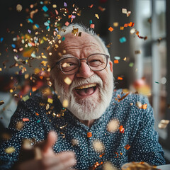 A joyful elderly man laughs amidst colorful confetti, capturing a moment of celebration and happiness.