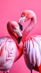 Elegant flamingos display affection against a vibrant pink backdrop in a captivating moment of love and connection