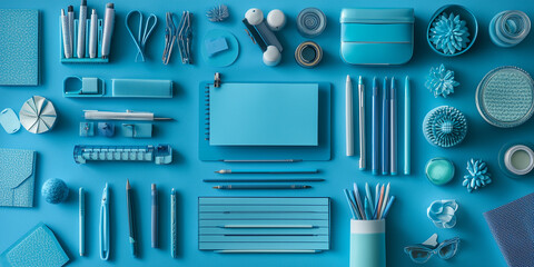 Blue stationery and decor arranged neatly, creating calming workspace