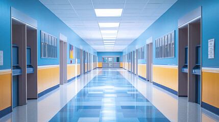  Brightly lit, clean school hallway with blue and yellow walls, shiny floors, and symmetrical design. Modern educational architecture.
