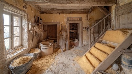 A dilapidated, cluttered room with a wooden staircase and a window