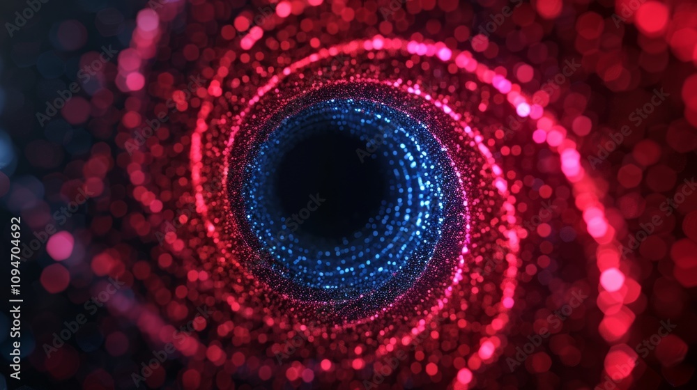 Poster abstract vortex with red and blue glowing particles.