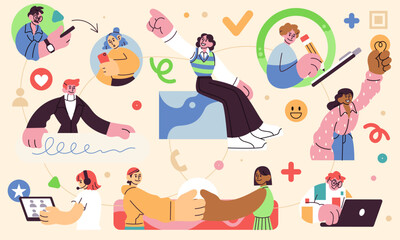 Team persons business. Work meeting, success teamwork corporate via laptop. Community management, office project together woman and man. Contemporary drawing characters. Vector cartoon illustration