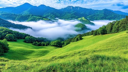 Fototapeta premium Majestic mountain landscape with rolling green hills and fog enveloping valleys under a clear blue sky