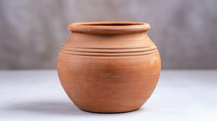 Handmade Ceramics concept. A round, unglazed clay pot with simple decorative lines, showcasing traditional pottery craftsmanship against a neutral background.
