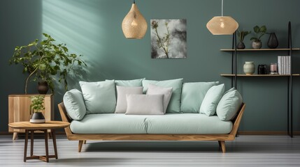 A bright Scandinavian living room with a cozy sofa, mint and white pillows, houseplant, and wooden cabinet, accented by a blue wall and pendant light.