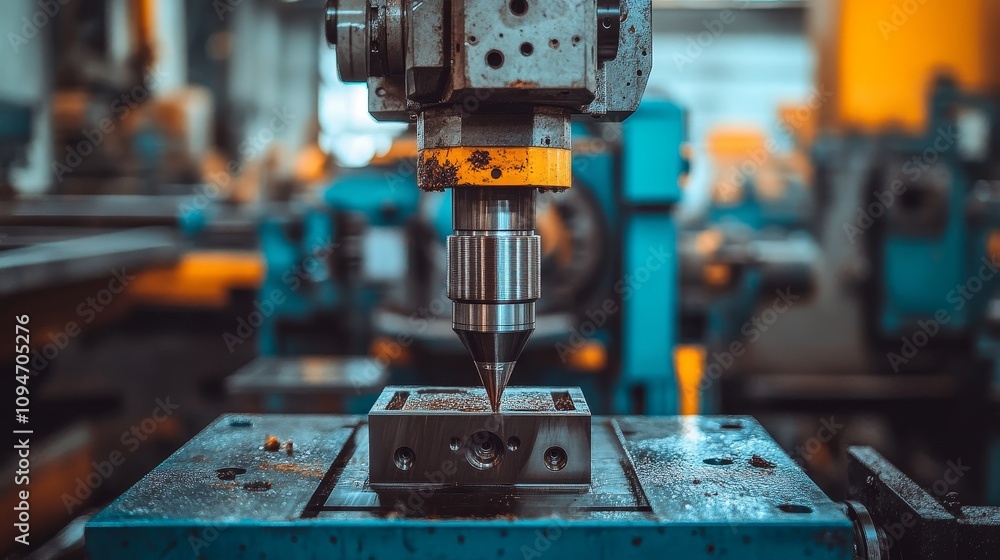Poster close-up of a drill press working on a metal part in a factory