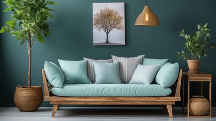 A cozy Scandinavian living room with a mint and white pillow sofa, houseplant, and wooden cabinet by a blue wall. Pendant light adds charm and elegance.