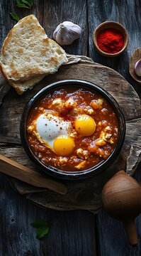 Rustic Spanish Sancochado Dish Served in a Wooden Bowl with Eggs and Spices, Accompanied by Bread and Garlic, Captured in a Cozy Kitchen Setting