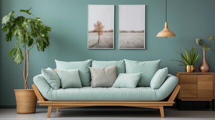 A relaxing Scandinavian living room with a mint and white pillow sofa, wooden cabinet, houseplant, and blue wall with pendant lighting. A perfect blend of style.