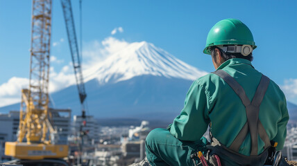建設現場の休憩中に富士山を眺める日本人作業員