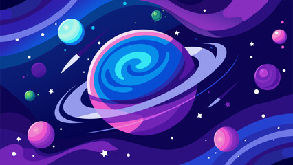 Vibrant Abstract Space Background with Colorful Planets, Swirls, and Stars in a Cosmic Galaxy Scene