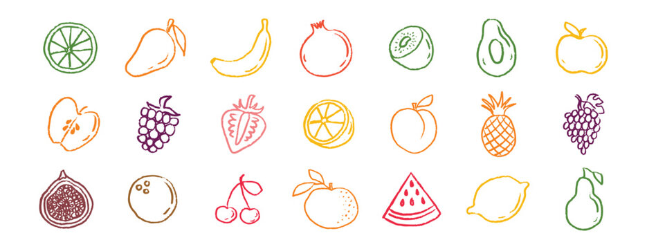 Fruit icons chalk hand drawn doodle set. Drawing crayon fruit