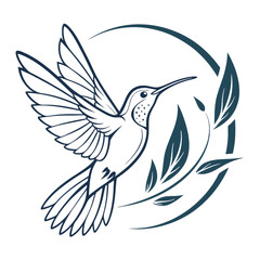 Obraz premium A detailed teal outline of a hummingbird encircled by leaves, symbolizing harmony and nature's connection, set against a transparent background