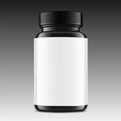 Plastic black packer pill bottle mockup with child resistant cap and label for treats, vitamins, supplements on gradient background. Vector illustration. Ready for your design. EPS10.