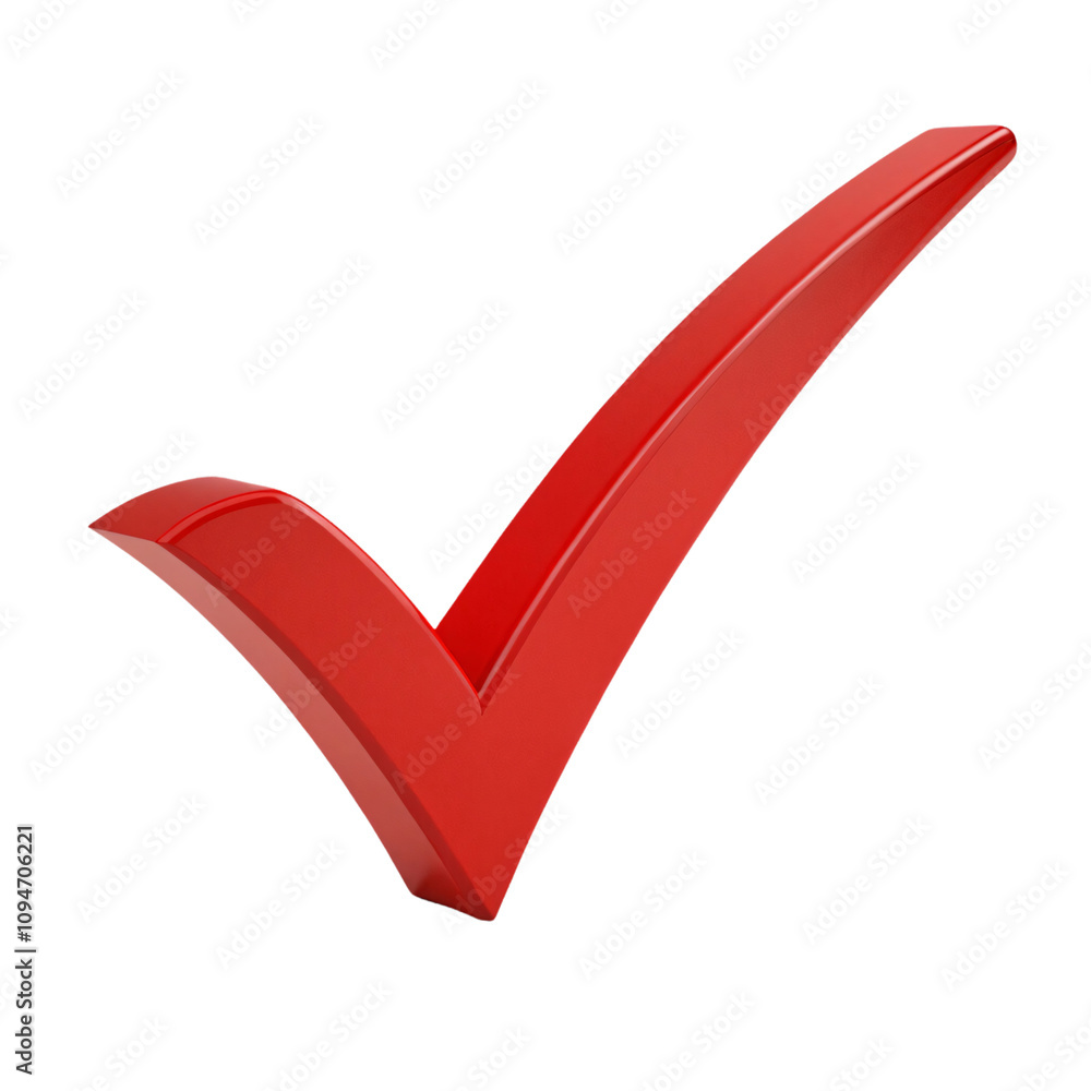 Poster a glossy red checkmark symbolizing correctness or achievement, standing bold and sharp, set against 