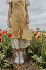 A girl in a yellow dress and apron with a water can in a red and green tulip flower field on a gloomy rainy cloudy sky background happily running around. 

