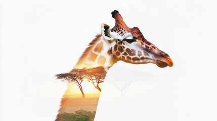 Fototapeta premium A graceful giraffe silhouette displays a beautiful sunset landscape within its contours, highlighting the tranquility of wildlife in its natural habitat during dusk.