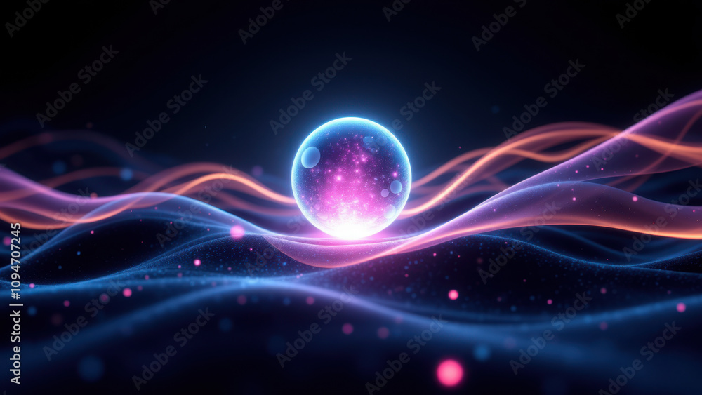 Poster abstract high-tech background with dynamic glowing orbs and swirling energy waves.