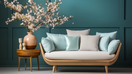 Scandinavian-style living room with a cozy sofa, white cushions, and a large tree in a wooden pot against a calming teal wall.