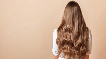 Fototapeta premium Long, flowing hair beautifully showcases natural shine and texture against a simple, soft background in a serene indoor setting