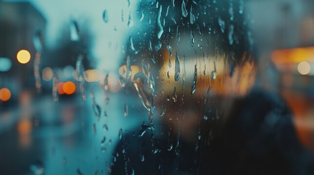 Blurred silhouette behind a rain-soaked window, evoking a sense of solitude, AI