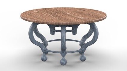Round Wooden Tabletop. Curved Stone legs. Isolated. White background. 3d render