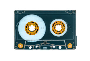 used transparent vintage audio tape cassette isolated, a symbol of 80s, 90s period