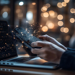 A person holds a smartphone near a laptop, with a magical glow of particles illustrating digital connectivity in a cozy environment.