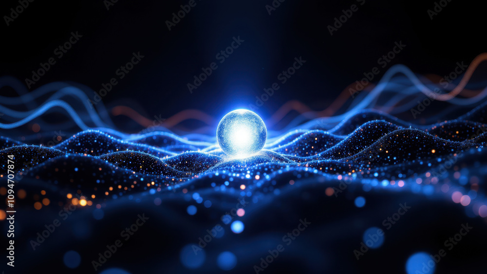 Poster abstract high-tech background with dynamic blue lights and electromagnetic waves illusion.