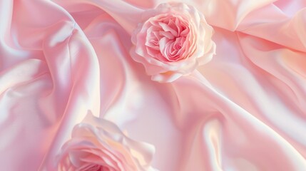 Soft pink background with delicate roses and satin fabric, perfect for conveying a romantic feel in design or digital art.