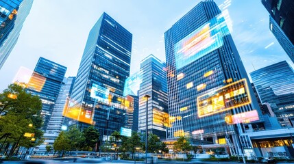 Obraz premium Futuristic skyline filled with vibrant billboards and clear blue skies showcasing modern urban life