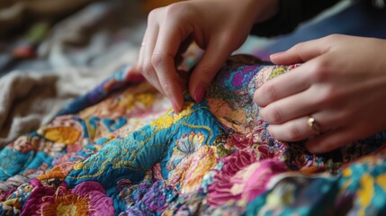 Creative textile upcycling projects, showcasing hands working on repurposed fabric items
