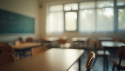 An empty school classroom with a blurred background, creating a soft focus effect that highlights the atmosphere of the space