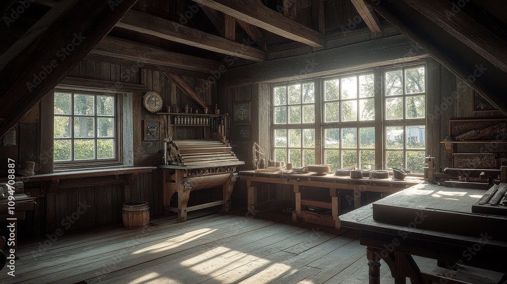 Poster a rustic workshop filled with sunlight streaming through a large window