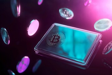 Bitcoin Symbol on Glass Rectangle with Falling Crypto Coins