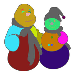 Two cartoon figures are standing next to each other. One of the figures is a yellow face with a pink nose. The other figure is a green face with black hair and a black hat.