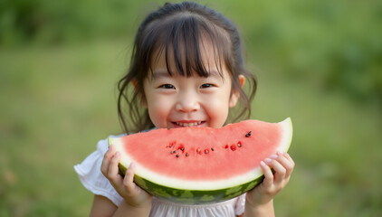 A young Asian girl outdoors, smiling and enjoying a juicy red watermelon. She is holding a large slice of watermelon 