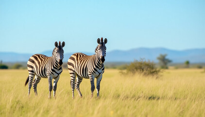 Fototapeta premium A Two zebras standing gracefully in the grasslands on a sunny day, with clear blue skies in the background