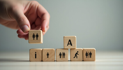 A hand picking a people icon from a stack of wooden cubes, symbolizing business hiring or recruitment
