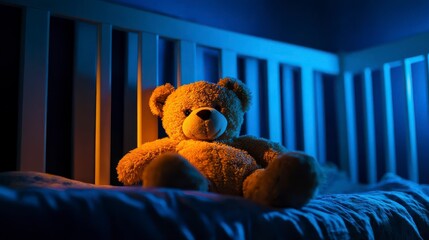 Cozy Nighttime Scene Featuring a Soft, Cuddly Teddy Bear Sitting on a Crib with Gentle Blue Lighting and a Peaceful Atmosphere for Child's Room Decor