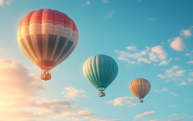 Obraz premium Three hot air balloons soar against a vibrant sunrise sky, showcasing a sense of adventure and freedom.