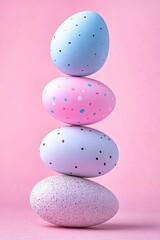 Obraz premium Colorful Easter eggs stacked in a playful arrangement against a pastel pink background